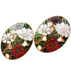 Vintage Cloisonne Enamel Earrings Floral Red Green Gold Jewelry Festive Colorful